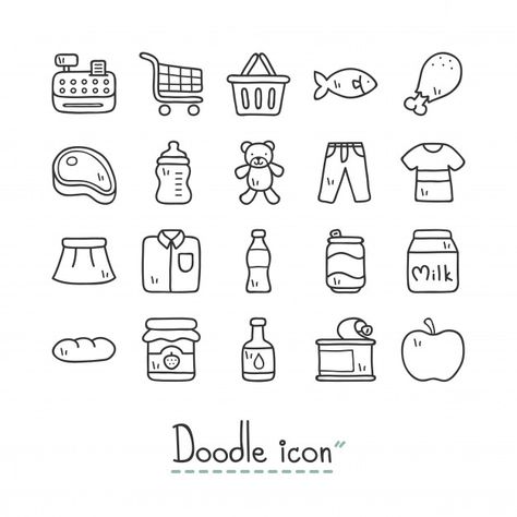 Supermarket. cute doodle icons. Premium ... | Premium Vector #Freepik #vector #food #baby #icon #gift Cute Doodle Icons, Icons Doodle, Supermarket Logo, Doodle Icons, Free Icon Set, Cute Doodle, Store Icon, Doodle Icon, Easy Doodles Drawings