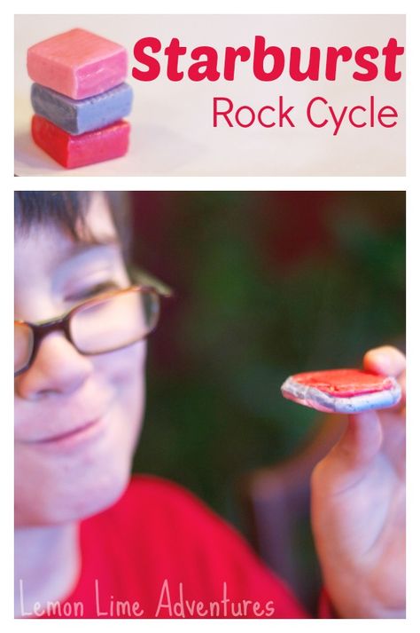 Starburst Rock Cycle for Kids: Easy, Fun and Yummy! I am definitely doing this over the weekend! The Rock Cycle Activities, Starburst Rock Cycle Activity, Starburst Rock Cycle, Rock Cycle For Kids, Edible Rocks, Edible Science, Summer Science Activities, Cycle For Kids, Science Earth