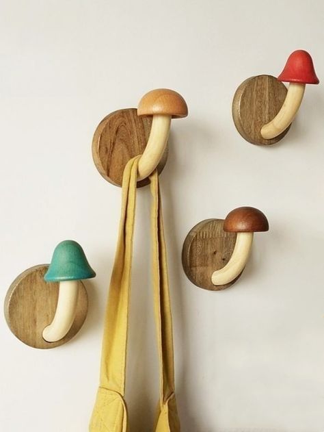 1pc Creative Mushroom Design Wooden Door Hanger Without Drilling Decoration HookI discovered amazing products on SHEIN.com, come check them out! Wooden Door Knobs, Wooden Door Hanger, Hanger Diy, Wooden Products, Wooden Door Hangers, Mushroom Design, Decorative Hooks, Hanger Hooks, Creative Wall