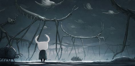 In a strangely beautiful and solemn scene, the Hungry Bug watches a great march. Ari Gibson's original Hollow Knight concept art. Underground Kingdom, Team Cherry, Hollow Night, Hollow Art, Animated Banners, Knight Art, Blue Lake, Wallpaper Pc, Live Wallpapers