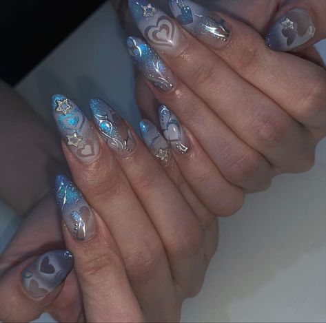 Faerie Nail Art, Fairy Grunge Nails Acrylic, Nail Korean Style Blue, Fairy Acrylic Nails, Fairy Aesthetic Nails, Asian Nails, Punk Nails, Blush Nails, Pretty Gel Nails