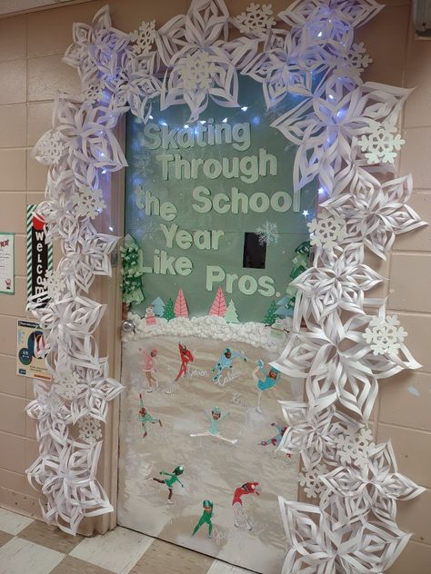 Holiday Classroom Door Decorations December, Winter Wonderland Door Decorations For School, Snowflake Classroom Door, Snowflake Door Decorations Classroom, Winter School Door Ideas, Winter Door Contest, Classroom Winter Door Ideas, Winter Door Decorating Contest, Winter Wonderland Door Ideas For School