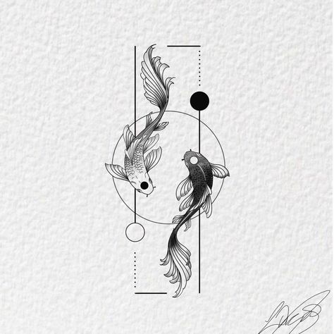 Tattoo Ideas For Men Asian, Koi Fish Yin Yang Art, Geometric Yin Yang Tattoo, Japanese Geometric Tattoo, Koi Yin Yang Tattoo, Yin And Yang Tattoo Ideas, 3 Inch Tattoo Ideas, Arlo Tattoo, Hybrid Tattoo