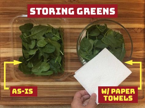 HACK #7: Store greens with paper towels to make them last longer. Store Spinach In Fridge, How To Store Spinach, Happy Homemaking, Storage Tips, Types Of Vegetables, Money Organization, Natural Sugar, How To Make Chocolate, Household Hacks