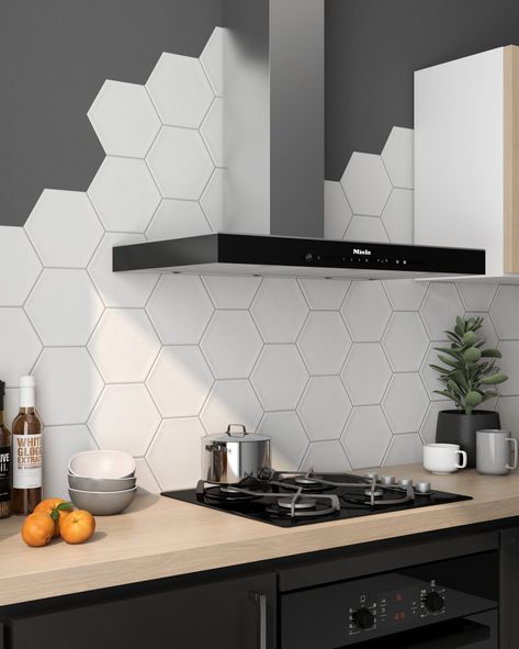 Honeycomb Tiles Kitchen, Hexagon Tile Backsplash Kitchen, Hexagon Tile Kitchen, Hexagon Wall Tile, Kitchen Wall Tiles Design, Hexagon Tile Backsplash, Hexagon Wall, Kitchen Backsplash Designs, Kitchen Wall Tiles