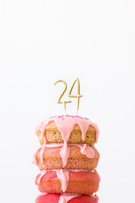 ombre donut layer cake #lifeoftheparty Donut Drizzle, Happy Birthday 24th Birthday, 24 Th Birthday, 24 Birthday Cake, Donut Stack, 24th Birthday Cake, Donuts Cake, 24 Number, Donut Tower