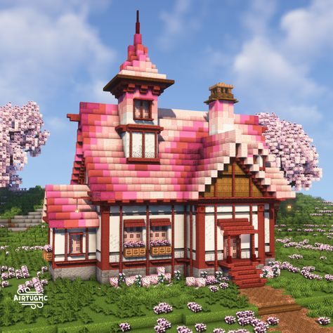 House Designs Minecraft, Minecraft Build House, Minecraft Fantasy House, Cute Minecraft, Minecraft Mansion, Minecraft House Plans, 2023 Pink, Minecraft Farm, Minecraft Cottage