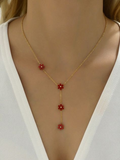 Red Flower Decorated Y-Shaped Necklace Burgundy    Titanium Steel     Women Fashion Jewelry, size features are:Bust: ,Length: ,Sleeve Length: Beads Designs, Handmade Jewelry Tutorials, Beaded Bracelets Diy, Watches Women Fashion, Girly Jewelry, Red Flower, Jewelry Inspo, Bead Designs, Jewelry Tutorials