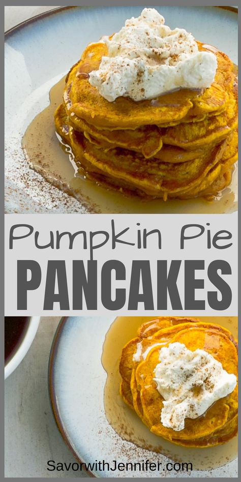 Pumpkin Pie Pancakes, Spiced Whipped Cream, Pumpkin Pancake Recipe, Pancakes Breakfast, Pumpkin Pancakes, Icing On The Cake, Pumpkin Pie Filling, Healthy Pumpkin, Breakfast For Dinner