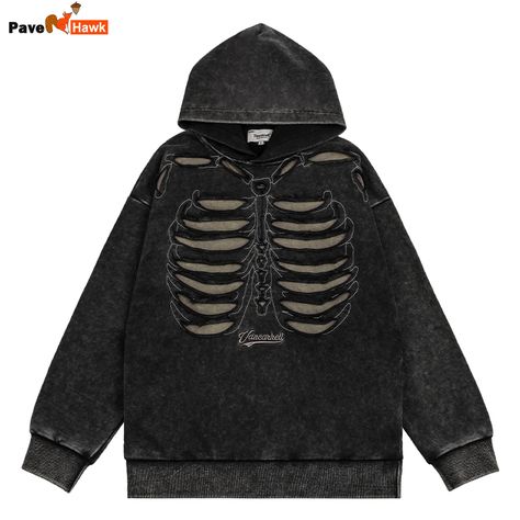 Oversize Hip Hop Mens Hoodie American High Street Washed Hole Hooded Pullover Tops Loose Skeleton Grunge Hoodie, Underground Clothing, Skeleton Hoodie, Y2k Summer Outfits, Top Streetwear Brands, Hoodie Streetwear, Korean Streetwear, Y2k Grunge, Skeleton Shirt