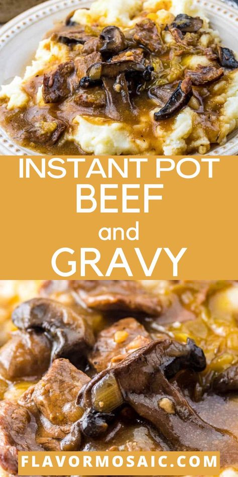 Instant Pot Beef and Gravy is made with tender beef stew, and savory and tender mushroom gravy. This recipe is perfect for when you're craving comfort and simplicity. This family-friendly recipe will be a crowd pleaser in your home! This quick and simple Instant Pot recipe is great for cooler weather and busy weeknights. Click through for tips and tricks! Beef Stew With Mushrooms Instant Pot, Beef Stew Meet In Instant Pot, Beef Tips And Mushroom Gravy Instant Pot, Recipes Using Stew Meat Instant Pot, Instant Pot Stew Beef And Gravy, Stewed Beef Instant Pot, Beef Stew Meat And Gravy, Instapot Beef Tips With Gravy, Instant Pot Recipes With Stew Meat