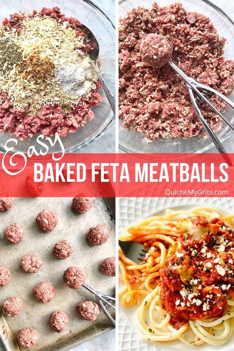 four steps to making baked meatballs with feta Feta Stuffed Meatballs, Feta Cheese Meatballs, Homemade Baked Meatballs, Meatballs From Scratch, Feta Meatballs, Crumb Recipe, Cheesy Meatballs, Curry Meatballs, Baked Meatballs