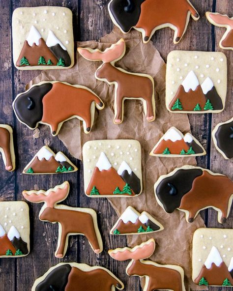 Oh give me a home...where the buffalo roam. Custom sugar cookies inspired by Jackson Hole. Buffalo Cookies Decorated, Mountain Sugar Cookies, Buffalo Cookies, Woodland Sugar Cookies, Camping Cookies, Custom Sugar Cookies, Baking Fun, Sugar Cookie Designs, Decorated Sugar Cookies