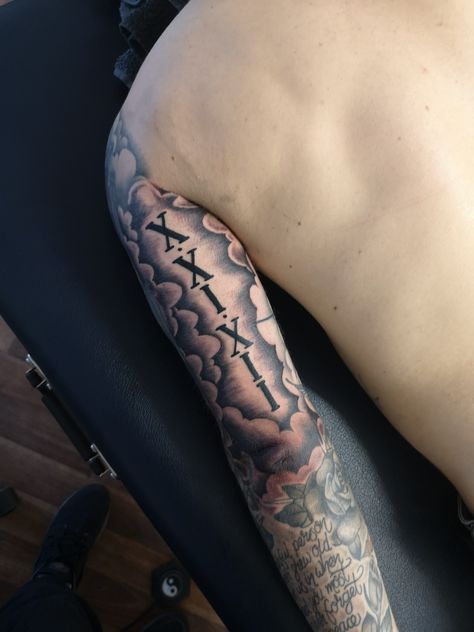 Behind Bicep Tattoo For Men, Vertical Bicep Tattoo, Best Half Sleeve Tattoos Men Upper Arm, Word Leg Tattoos Men, Men Back Of Arm Tattoo, Mens Back Of Arm Tattoo, Men’s Tattoo Biceps, Inner Muscle Arm Tattoo, Faith Bigger Than Fear Tattoo