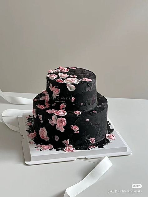 Black Pink Cake, Black And Pink Cake, Pink And Black Cake, 2 Tier Birthday Cake, Cherry Blossom Cake, Artist Cake, Tiered Cakes Birthday, Vintage Birthday Cakes, Unique Birthday Cakes