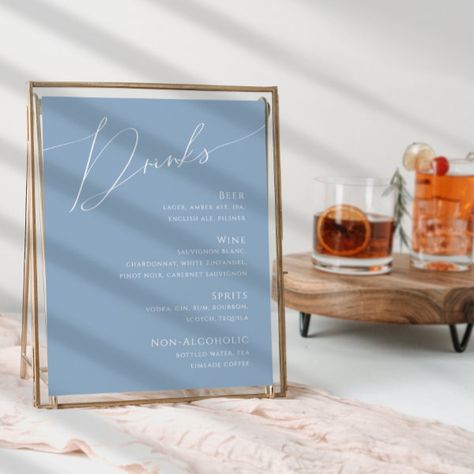 Whimsical Script | Dusty Blue Wedding Drinks Menu Poster Something Blue Signature Drink, Blue Cocktails For Wedding, Blue Signature Wedding Drinks, Blue Menu Wedding, Specialty Cocktails Wedding Sign, Classic Reception, Menu Signage, Menu Poster, Alcohol Signs