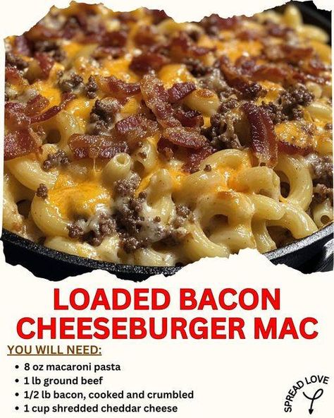 Ultimate Loaded Bacon Cheeseburger Mac 🍔🧀 Get ready for a comfort food classic that brings the flavors of a bacon cheeseburger into a creamy, cheesy pasta dish! This Loaded Bacon Cheeseburger Mac is sure to become a family favorite. Don’t forget to let us know your thoughts in the comments, save this recipe for later, and share your own twists on it! 🍽️ Ingredients: 8 oz macaroni pasta 1 lb ground beef 1/2 lb bacon, cooked and crumbled 1 cup shredded cheddar cheese 1/2 cup milk 1/2 cup ketch... Baked Bacon Cheeseburger Mac And Cheese, Loaded Bacon Cheeseburger Mac, Bacon Cheeseburger Mac And Cheese, Big Mac Pasta, Bacon Mac And Cheese Recipe, Bacon Cheeseburger Pasta, Hamburger Mac And Cheese, Cheeseburger Mac And Cheese, Cheeseburger Mac