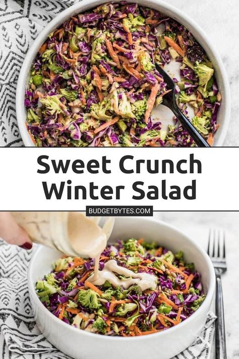 When fresh vegetables are in short supply, make this Sweet Crunch Winter Salad packed full of winter vegetables and a homemade Maple Tahini Dressing. Pop over to our site for the recipe! | salad recipes | side dishes | winter recipes | Maple Tahini Dressing, Salad Recipes Holidays, Recipes Side Dishes, Cold Side Dishes, Winter Pasta, Winter Side Dishes, Warm Salad Recipes, Winter Lunch, Winter Salad Recipes