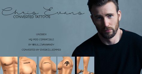 http://overkillsimmer.blogspot.com.br/2016/10/chris-evans-tattoos.html Sims 4 Chris Evans, Sims Tattoo, Captain America Tattoo, Chris Evans Tattoos, Chris Evans Gifted, Chris Evans Girlfriend, Captain America Funny, Chris Evans Smile, Chris Evans Tumblr