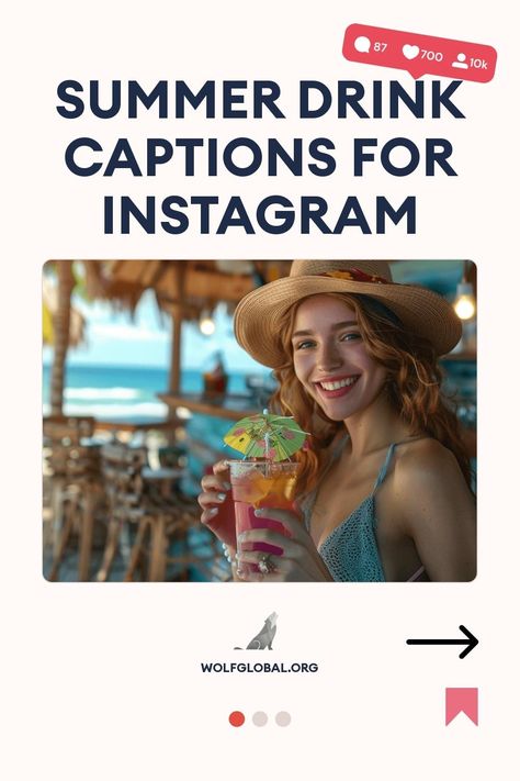 Smiling woman with a straw hat holding a tropical drink, with text "Summer Drink Captions for Instagram."
Infographic with summer-themed drink phrases and a call-to-action button for more tips.
A happy person with a laptop, social media icons, and an invite to an Instagram engagement pod. Instagram Captions Drinking, Summer Drink Captions, Drinks Caption, Drinking Captions Instagram Funny, Happy Hour Captions Instagram, Drinks Captions Instagram, Drinking Captions, Fishbowl Drink, Snap And Share