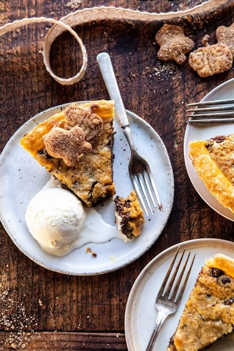 Gooey Chocolate Chip Cookie Pumpkin Pie | halfbakedharvest.com #cookiepie #thanksgiving #pumpkinpie Chocolate Chip Cookie Pie, Pumpkin Pie Cookies, Half Baked Harvest Recipes, Gooey Chocolate Chip Cookies, Thanksgiving Pumpkin Pie, Baking Journal, Holiday Pies, Pumpkin Butter, Harvest Recipes