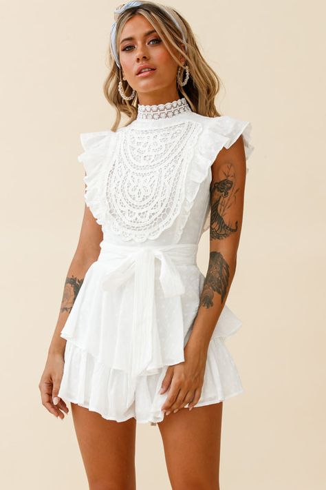 Charlotte Lace Bust High Neck Romper White Nude Strappy Heels, Charlotte Dress, Selfie Leslie, Feminine Chic, White Romper, Mid Length Skirts, Clothing Tags, Neck Lace, Lace Panelled