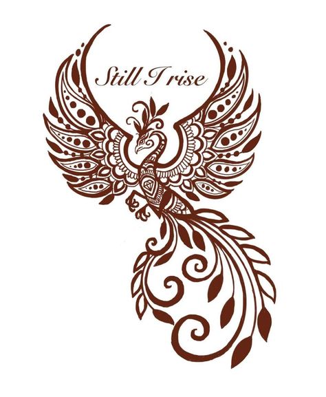 Henna Phoenix Tattoo, Phoenix Henna Design, Phoenix Tattoo Still I Rise, Phoenix Henna, Still I Rise Phoenix Tattoo, Still I Rise Tattoo Ideas, Rising Phoenix Tattoo Feminine, Phoenix Feather Tattoos, Still I Rise Tattoo