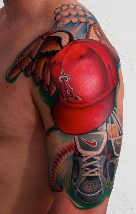 Softball Tattoos, Hunter Pictures, Shoulder Tattoos For Men, Baseball Tattoos, Sport Tattoos, Capricorn Tattoo, Mens Shoulder Tattoo, City Tattoo, Theme Tattoo