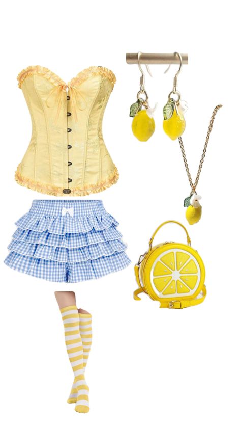 Cherry Pie Costume, Lemon Meringue Pie Strawberry Shortcake, Lemon Merengue Outfit, Yellow Corset Halloween Costume, Baddie Solo Halloween Costumes, Lemon Drop Costume, Lemon Marange Costume, Lemon Halloween Costume, Lemon Meringue Costume