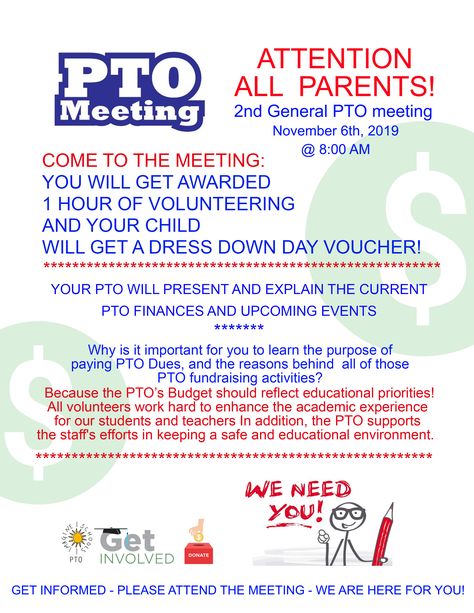 PTO General Meeting Flyer - Get Involved - Created in Pages October Pta Ideas, Pto Meeting Flyer, Fundraiser Ideas School, Blair School, Childcare Facility, Pto Meeting, Pto Board, Pta Membership, Pta Events