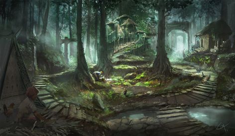 Hidden Village, Lisa Nguyen on ArtStation at https://www.artstation.com/artwork/4KZal Village Name Ideas, Druid Village, Village Rpg, Hidden Village, Forest Village, Fantasy Village, Hidden Forest, Lake Village, Art Village