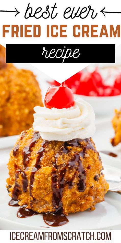 A ball of ice cream that has a golden, crispy outside drizzled with chocolate syrup and topped with a swirl of whipped cream and a maraschino cherry. Fries Ice Cream Recipe, Air Fry Fried Ice Cream, Best Fried Ice Cream Recipe, How To Make Ice Cream Bars, Fried I E Cream, Fry Ice Cream Recipes, Keto Fried Ice Cream, What To Do With Ice Cream, Not Fried Chicken Ice Cream