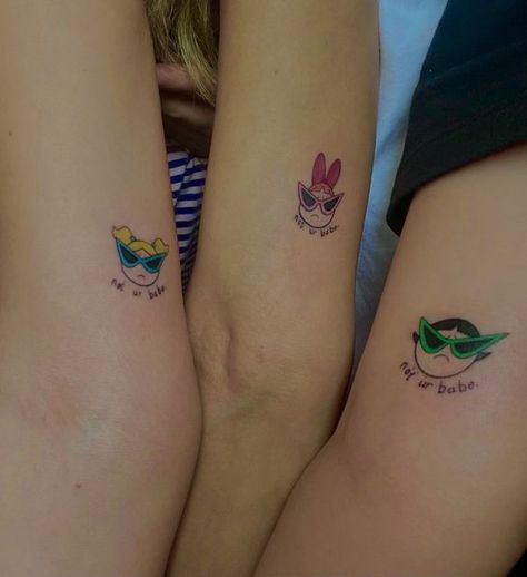 Powderpuff Girls Tattoo Ideas, Blossom Powerpuff Tattoo, Barbie Tattoo Ideas Simple, Bubbles Tattoo Powerpuff, Bubbles Powerpuff Tattoo, Buttercup Powerpuff Tattoo, Buttercup Tattoo Powerpuff, Powerpuff Tattoo, Powerpuff Girls Tattoo