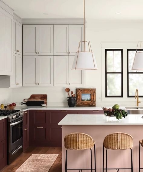 What colors go with light pink? 10 pairings that experts love | Rust Kitchen Cabinet, Brown And Pink Kitchen, Burgundy Kitchen Cabinets, 2023 Paint Color Trends, Paint Color Trends, Trending Paint Colors, Christmas Kitchen Decor, Paint Brands, Red Kitchen