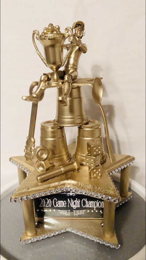 "Minute to Win It/ Game Night trophy. Diy Awards Trophy Ideas, Family Game Night Trophy Diy, Family Game Night Trophy, Diy Funny Trophy Ideas, Game Night Trophy Diy, Homemade Trophy Ideas, Shotcuterie Board, Diy Trophy Ideas, Yard Olympics