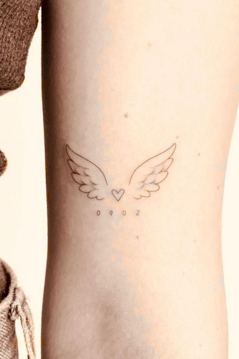 Subtle Angel Tattoo, Minimal Memorial Tattoo, Angle Wing Tattoos For Women, Angel Baby Tattoo Ideas, Simple Wing Tattoo, Angel Wings Initial Tattoo, Angle And Devil Tattoos, Baby Angel Tattoo Designs, Fineline Tattoo Ideas Women