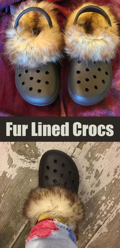 Keep your toes toasty warm in DIY fur lined crocs. #crocs #toastywarm Crocs Fuzzy Slides, Fur Lined Crocs, Winter Crocs, Crocs With Fur, Crocs Diy, Croc Ideas, Fuzzy Crocs, Lined Crocs, Fuzzy Slides