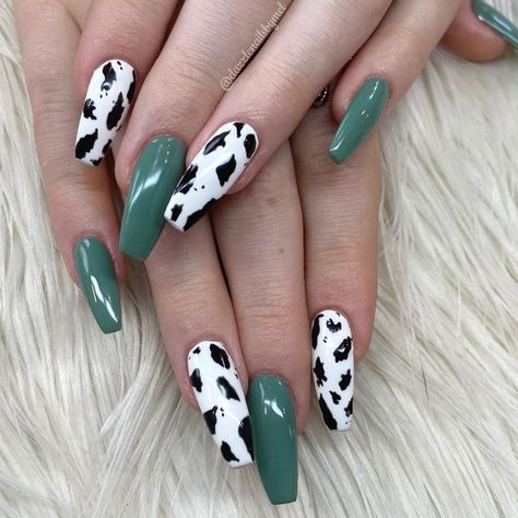 Cow Print Nails Green, Nail Designs Western Cowgirl, Green And Cow Print Nails, Christmas Cow Print Nails, Green Western Nails, Green Cow Print Nails, Cow Print Nails Acrylic, Cow Print Nail Ideas, Cute Cow Print Nails