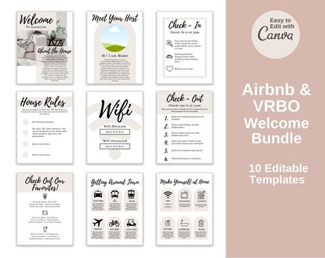 "Hello, Airbnb and VRBO hosts! So you already have an awesome place that you offering to others for rent, now it's time to put together some informational graphics for your guests! Your house rules and informational guides don't have to be tedious or boring. Use this Welcome Bundle to create a booklet or framed guides with style and ease.  WHAT'S INCLUDED -10 templates (8.5\"x11\") for you to use for your rental business. Simply edit the text to fit your rental.  - Instructions for accessing your template.  - You will be able to edit all text, insert your own photos, duplicate any pages you want, and delete any information in the template you don't need.  HOW IT WORKS 1. Once your place your order, you will have access to your templates 2. Be sure you are using a laptop or computer to down Airbnb Binder, Airbnb Booklet, Small Airbnb Ideas, Istanbul Apartment, Decorate Airbnb, Airbnb Bedroom, Airbnb House Rules, Balinese Design, Home Printables