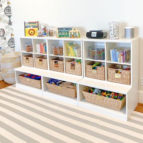 Best Playroom Organization, Diy Toy Shelves, Basement Playroom Storage, Kid Playroom Organization, Playroom Shelf, Boy Toy Storage, Minimalist Playroom, Ikea Playroom, Toy Room Organization