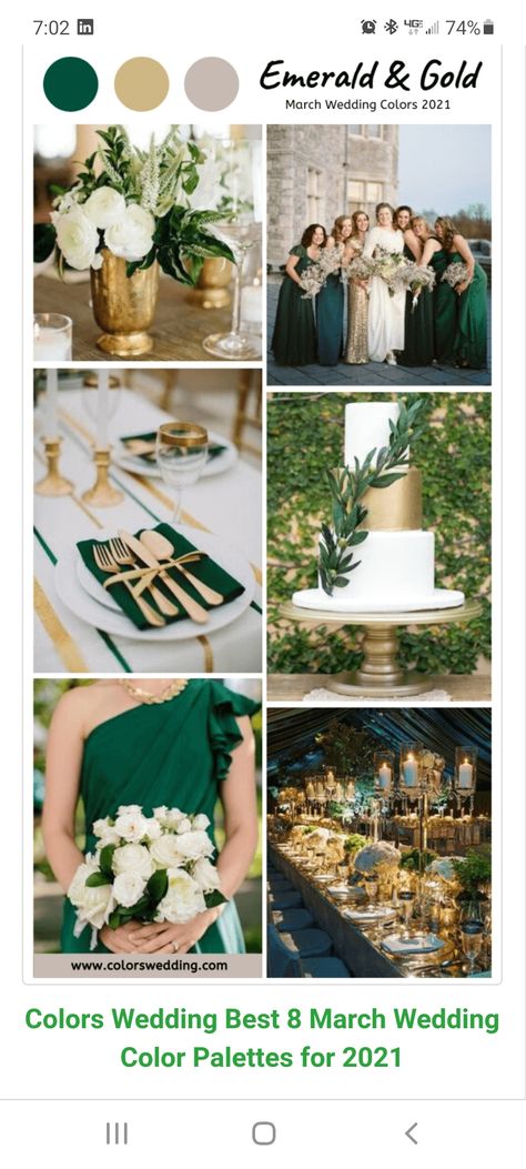 Emerald Green Gold White Wedding, Emerald Green White And Gold Wedding, Emerald Green And Gold Wedding Decor, Green And Gold Gown, Emerald Green Gold Wedding, March Wedding Colors, Emerald And Gold Wedding, Emerald Green And Gold Wedding, Bridesmaid Dresses Gold