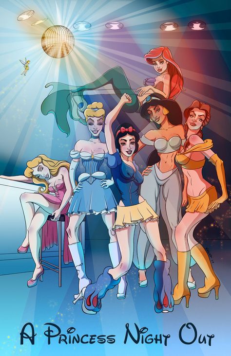 Disney Princesses art | Disney Princess Princess night out Princess Fan Art, Dark Disney Princess, Funny Princess, Alternative Disney Princesses, Disney Princess Cartoons, Alternative Disney, Disney Secrets, Disney Princess Fan Art, Dark Disney