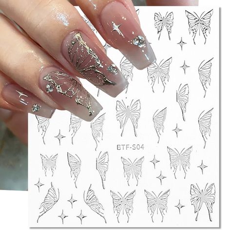 Nail Decals Designs, 3d Nail Designs, Butterfly 3d, Foil Nail Art, Star Nail Art, Nail Effects, Simple Gel Nails, Metal Butterfly, Nail Tattoo