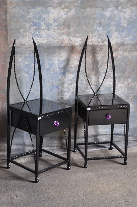 Wrought iron bedside tables to match the Demon bed. Made by SPW Ironworks of Worcester. Gothic Side Table, Wrought Iron Bedside Tables, Gothic Bed Twin, Bedside Table Gothic, Black 4 Poster Bed Gothic, Black Goth Bedframe, Bespoke Beds, Gothic Bedroom, Gothic Interior