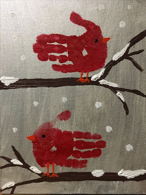 Hand Print Cardinals, Red Bird Handprint Craft, Deer Handprint Craft, Xmas Handprint Crafts, Cardinal Handprint Craft Kids, Bird Handprint Art, Cardinal Handprint Craft, Handprint Cardinal, Winter Handprint Art