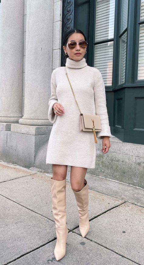 Knit Dress And Knee High Boots, 2023 Sweater Dress, Sweater Dress Knee High Boots, Cream Tall Boots Outfit, Fall Knit Mini Sweater Dress, Beige Knee High Boots Outfit, Beige Sweater Dress Outfit, Long Sweater Dress Outfit, Sweater Dress And Boots