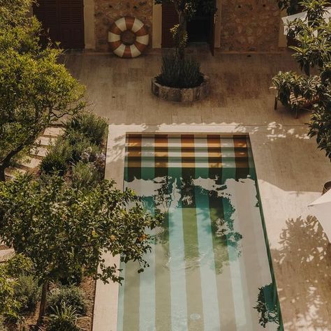 Du Rietz Design & Development on Instagram: "The Santa Teresa 34 pool 🏖️ Never have we made something so loved by so many. Italian-inspired with stripes matching the shutter color also matching the outdoor cushions. The shutter color was selected from the limited town hall mandated palette and many many hours was spent finding pool-proof tiles and sun-proof fabrics to match. But so happy with how it all turned out ☺️ Request for full exposé and viewings in bio → Photos by @salvalopez #pool French Backyard Pool, Du Rietz Design, Striped Pool Tile, Striped Pool, Checkered Pool, Italian Pool, Tile Pool, Swimming Pool Tiles Ideas, Tiled Pool