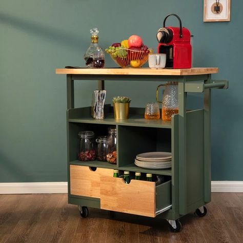 Winston Porter Hedvige 31.5'' Wide Rolling Kitchen Island | Wayfair Kitchen Prep Station, Kitchen Carts On Wheels, Green Kitchen Island, Mobile Kitchen Island, Side Quest, Kitchen Colour, Rolling Kitchen Cart, Kitchen Island On Wheels, Rolling Kitchen Island