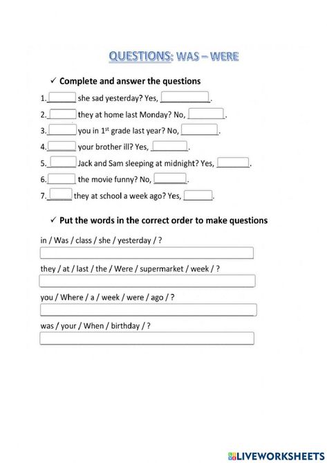 Was Were Questions Worksheet, Was Were Worksheet For Kids, Was Were Worksheet, Worksheet 3rd Grade, Adverbs Worksheet, Worksheet For Kids, Second Language, School Subjects, 3rd Grade