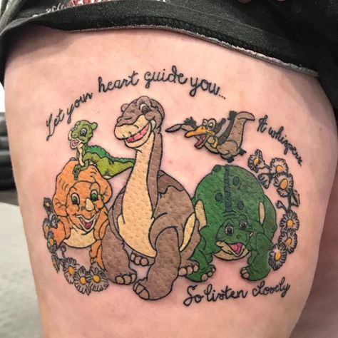 Ducky Land Before Time, Land Before Time Tattoo, Time Tattoo Ideas, Nerd Tattoo, Dinosaur Tattoos, Land Before Time, Mother Tattoos, Tattoo For Son, Get Back To Work